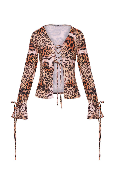 LEOPARD PRINT LACED-UP TOP