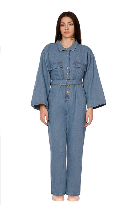 BELTED DENIM JUMPSUIT