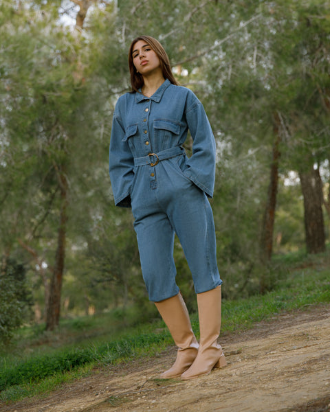 BELTED DENIM JUMPSUIT